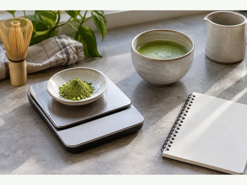 A measured serving of matcha beside a prepared cup