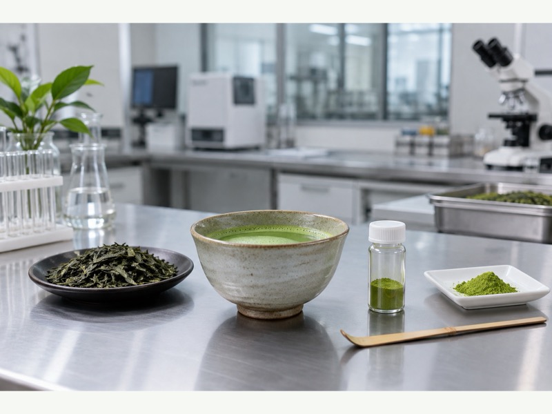 Matcha, tea leaves, and a food testing sample vial