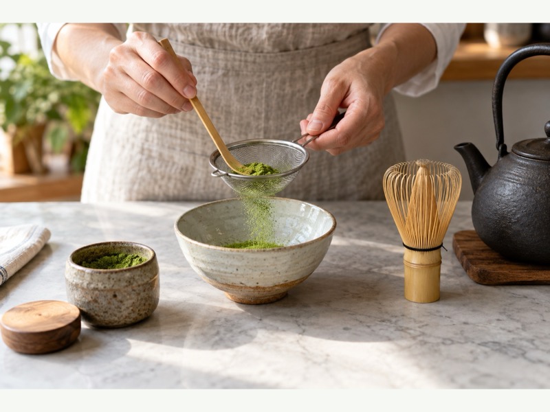 Hands sifting matcha beside a bowl, whisk, and kettle