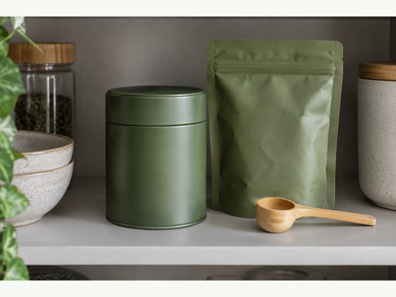 Sealed matcha tin in a cool, shaded pantry