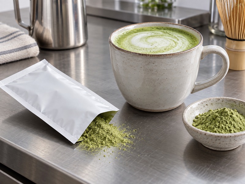 Instant matcha powder and prepared green tea in a café product test