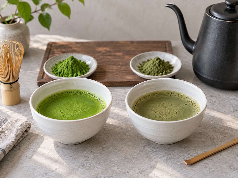 Side-by-side matcha tasting bowls in a tea quality-control setting