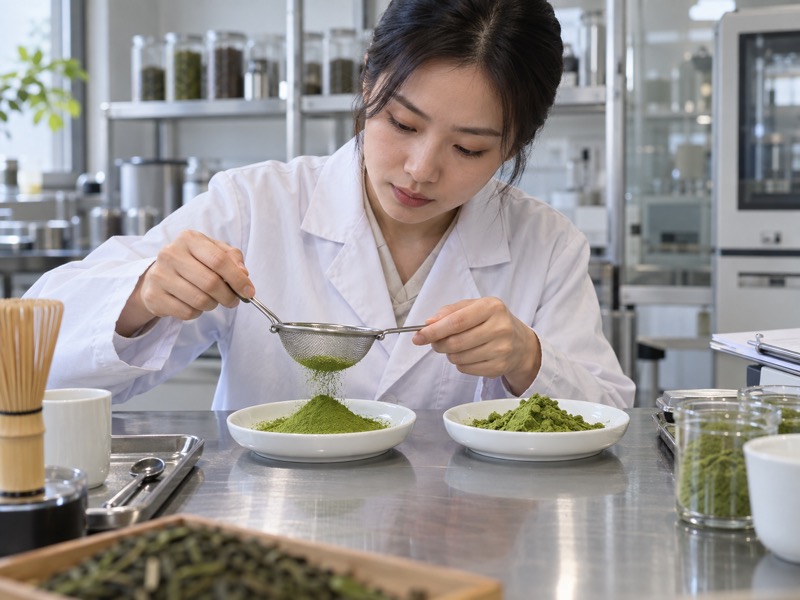 A buyer comparing unlabelled powdered tea samples in a Chinese ingredient laboratory