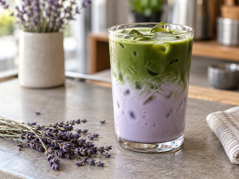 Iced lavender matcha latte with restrained floral garnish