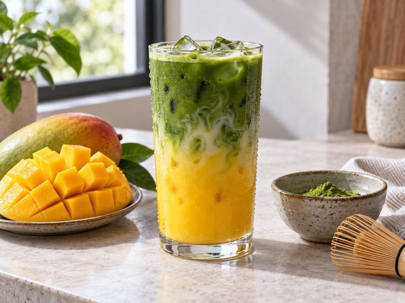 Iced mango matcha latte with visible fruit and green tea layers