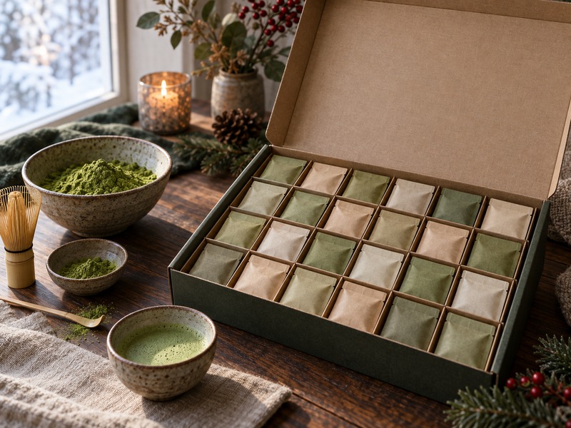 Open unbranded matcha advent calendar with small tea compartments