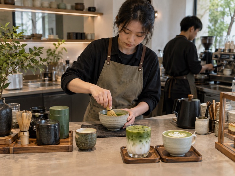 A real Chinese café bar preparing matcha drinks with simple ceramic and wooden serviceware