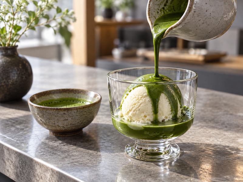 Warm matcha being poured over vanilla ice cream in a dessert glass