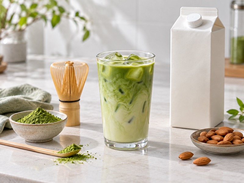 Matcha almond milk in a realistic food product development setting
