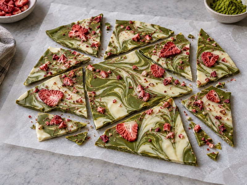 Broken pieces of matcha bark in a confectionery test kitchen