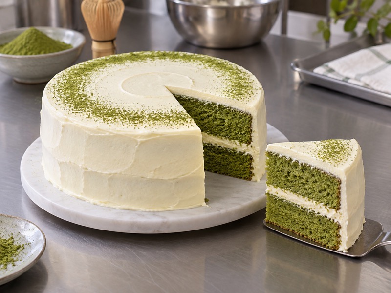 Matcha birthday cake in a realistic food product development setting