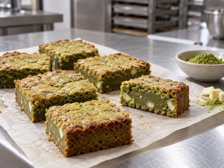 Cut matcha blondies on a bakery test-kitchen counter