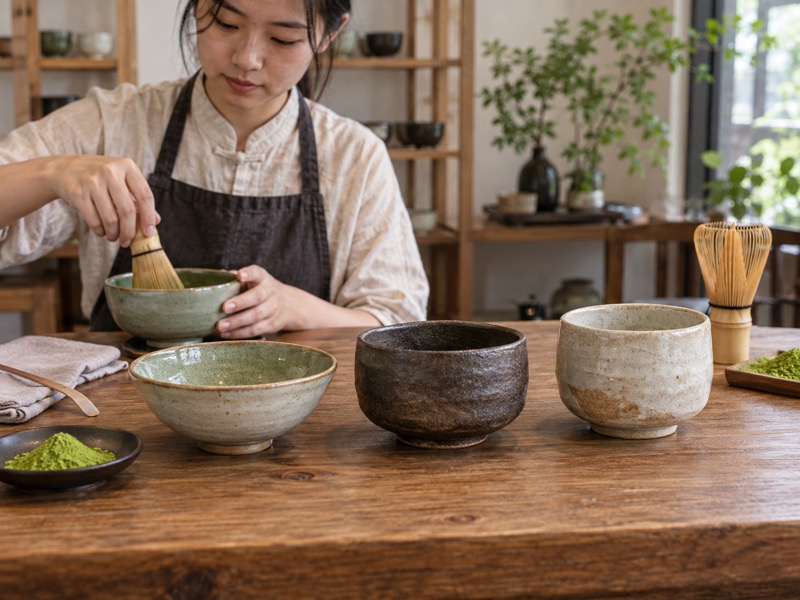 Several unlabelled ceramic matcha bowls compared beside a bamboo whisk in a sample room