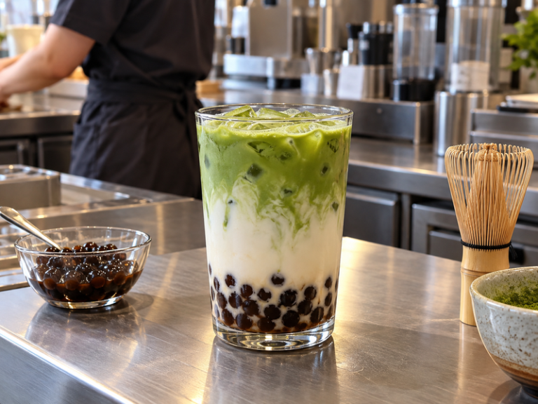 Iced matcha bubble tea with tapioca pearls on a tea shop counter