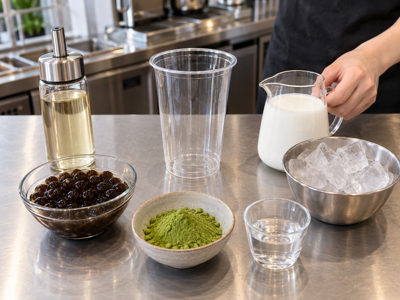 Matcha powder, milk, syrup, ice, and tapioca pearls for bubble tea