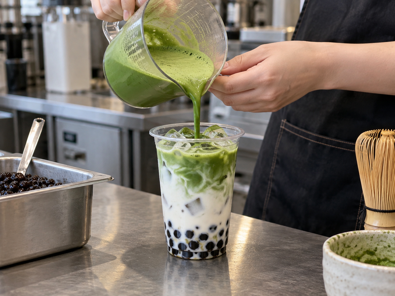 Matcha poured into iced milk tea with tapioca pearls