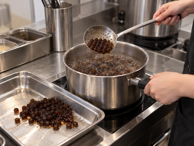 Tapioca pearls lifted from a cooking pot with a strainer