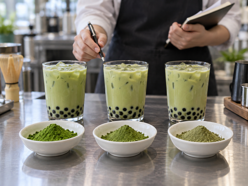 Three matcha powders tested in bubble tea drinks