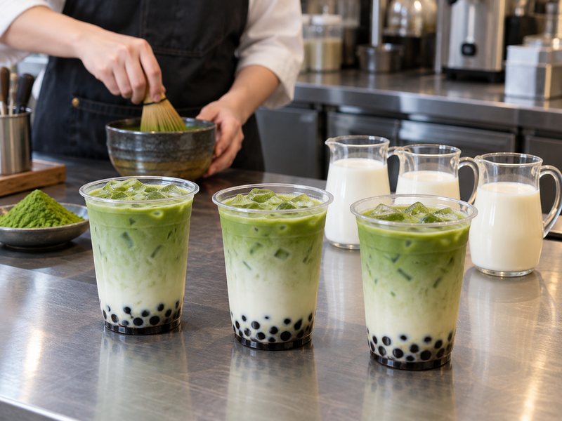 Matcha bubble teas tested with different milk bases