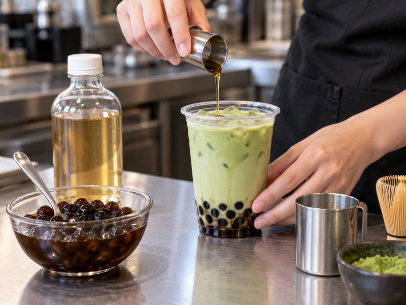 Measured syrup added beside sweetened tapioca pearls