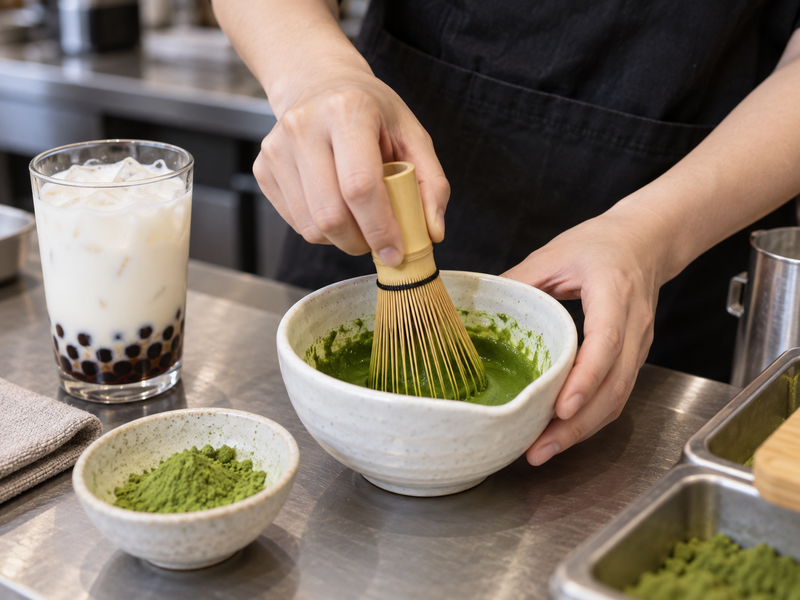 Barista whisking matcha before adding it to pearl milk tea