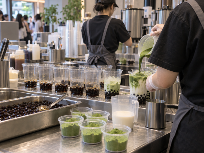 Bubble tea staff assembling matcha drinks at a busy counter