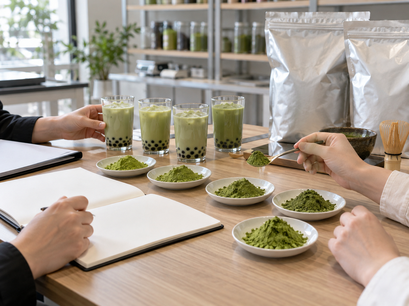 Buyers comparing matcha powders and bubble tea samples