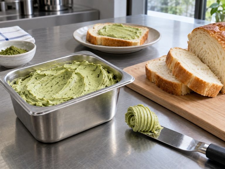 Pale green matcha butter in a stainless foodservice tub beside bread and a palette knife
