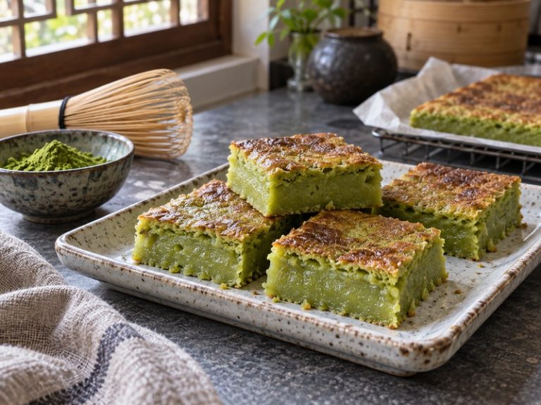 Matcha butter mochi squares with chewy green centers and browned tops