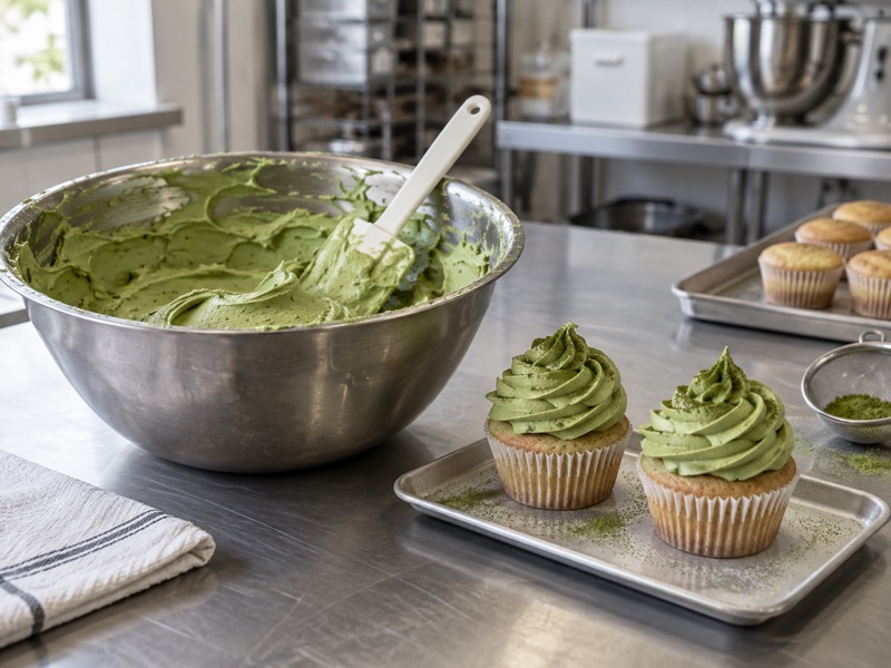 Matcha buttercream piped on a bakery test cake beside a mixing bowl
