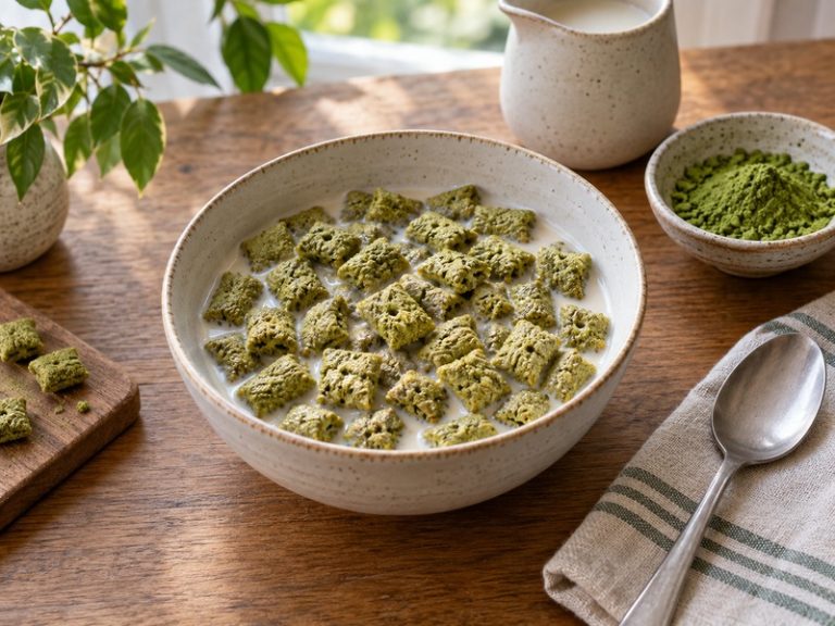 Homemade matcha cereal pieces in a bowl of milk