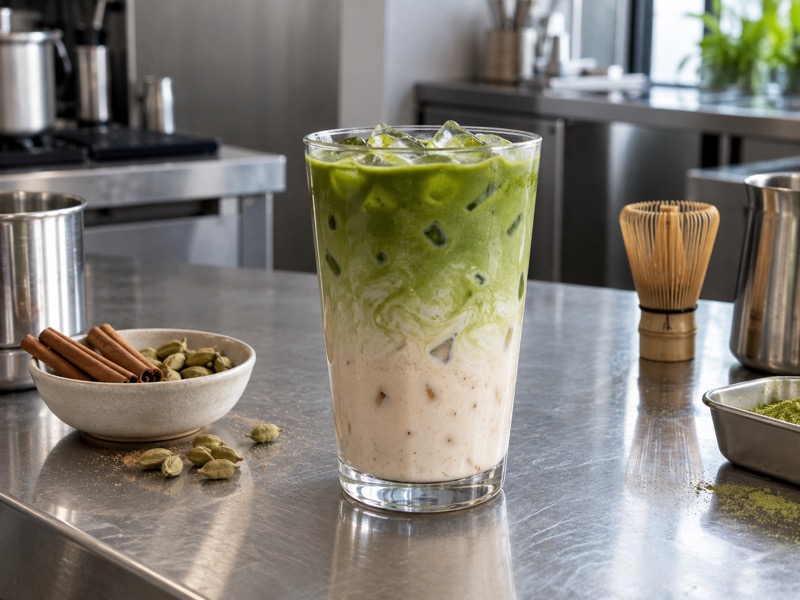 Matcha chai latte showing a green tea base with a spiced milk finish in a café cup