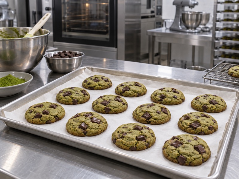 Matcha chocolate chip cookies in a realistic food product development setting