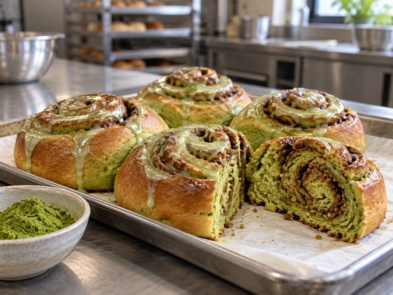 Matcha cinnamon rolls on a bakery test-kitchen counter