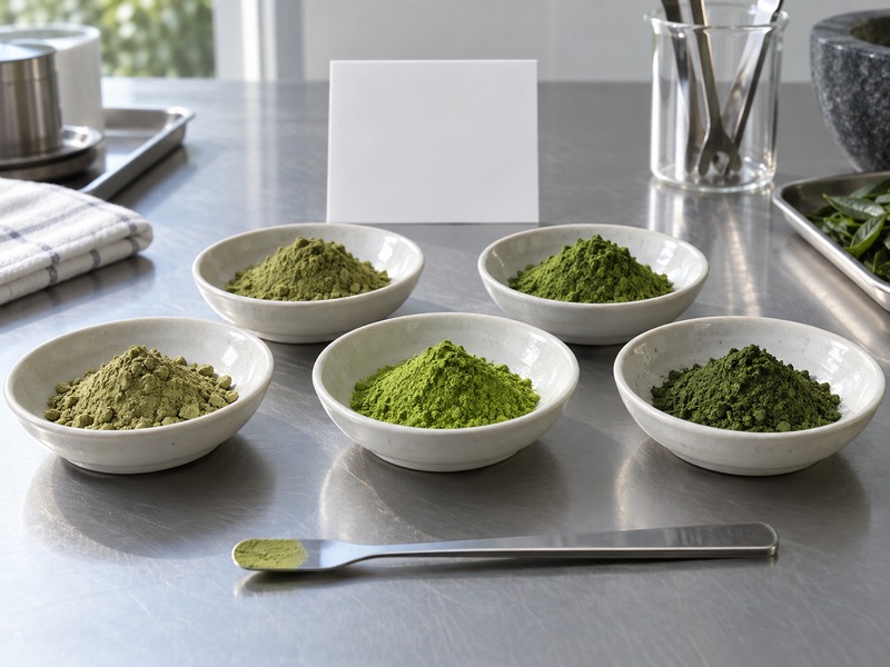 Several realistic matcha powder shades on a quality control bench