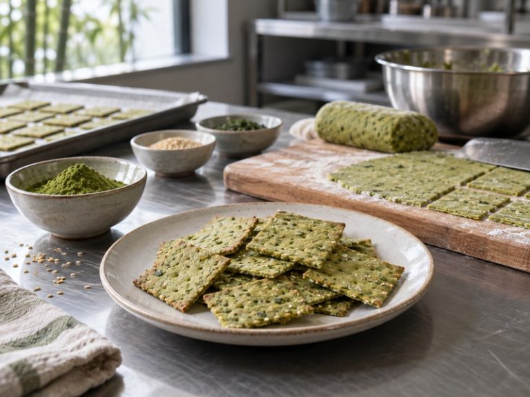 Thin savory matcha crackers on a plate beside dough and matcha powder