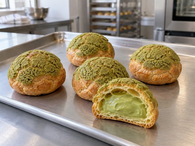 Golden matcha craquelin cream puffs on a bakery tray with one puff cut open