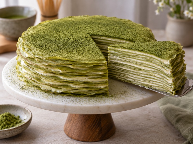Matcha crepe cake with a slice revealing many thin layers