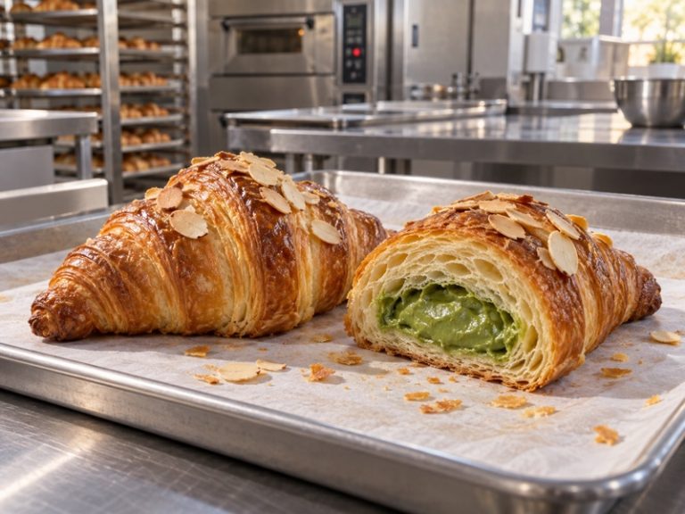 Golden laminated croissants with matcha almond filling on a professional bakery tray