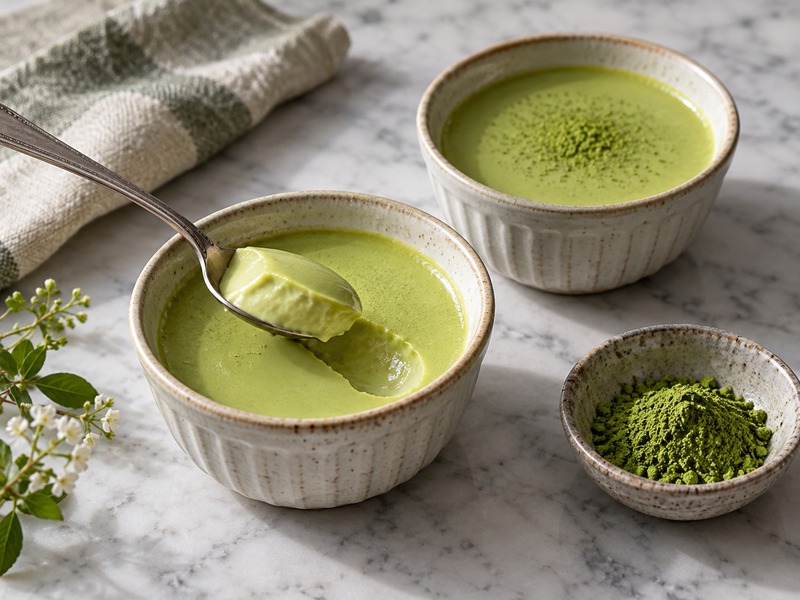 Chilled matcha custard served for a product trial