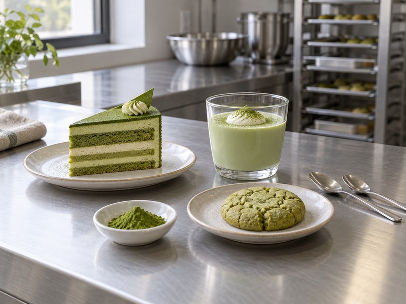 Small assortment of matcha desserts in a professional test kitchen