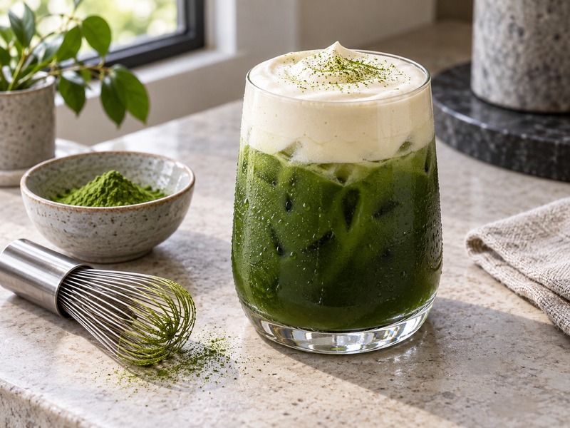 Iced matcha einspanner with a distinct soft cream layer