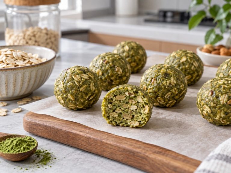 Uniform matcha oat energy balls on parchment with one cut open to show texture