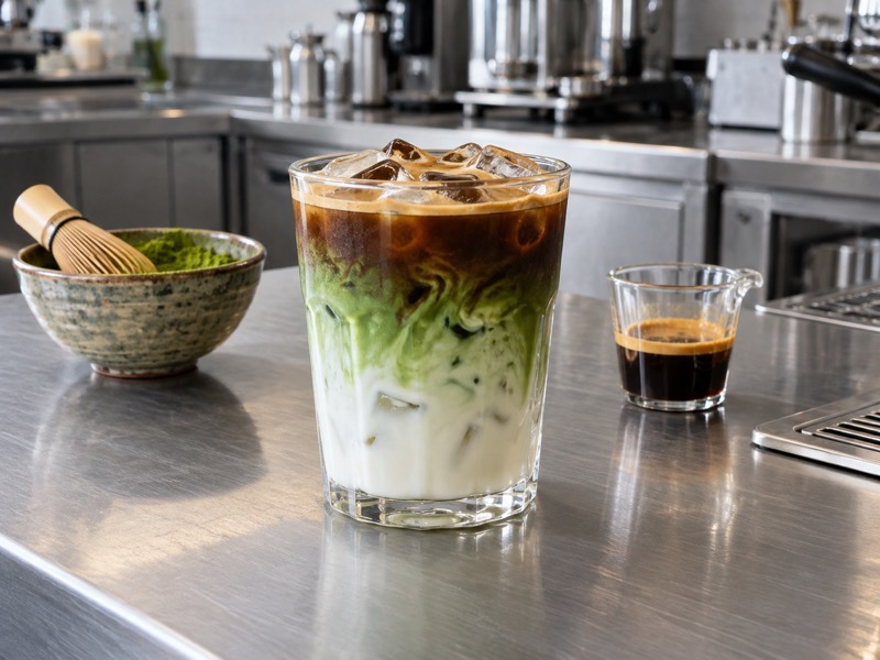 Layered matcha espresso with visible tea, milk and coffee in a café glass