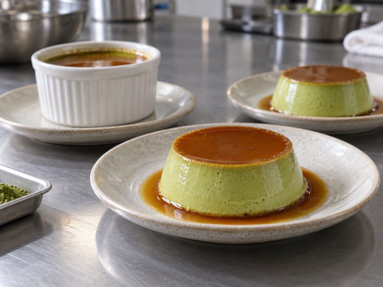 Individual pale green matcha flans with amber caramel sauce in a professional dessert kitchen