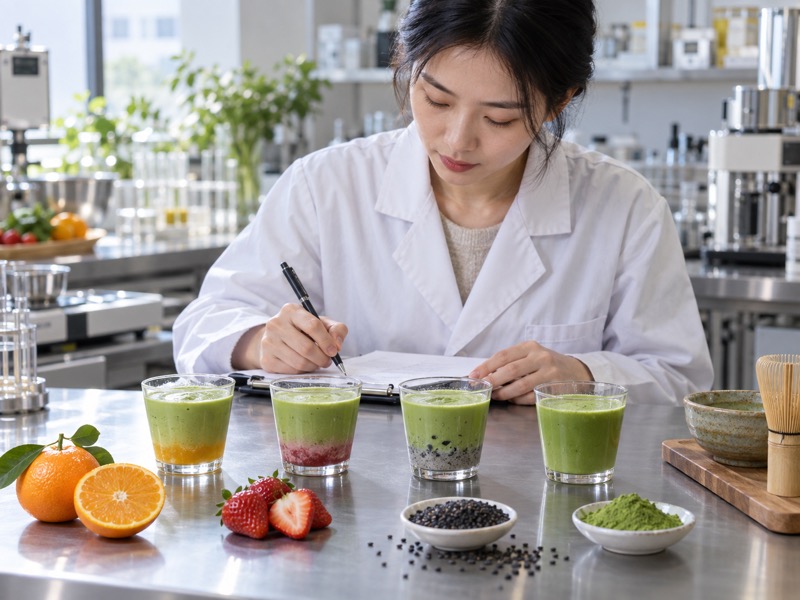 Four sample matcha drinks with different flavor pairings in a product development room