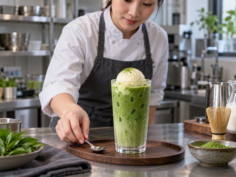 A matcha drink topped with a scoop of ice cream on a café development counter
