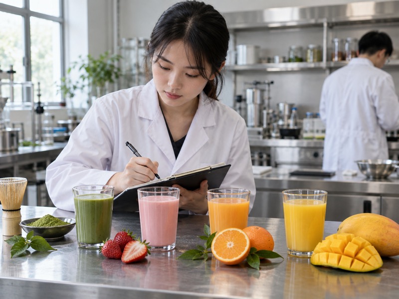 Fruit and matcha beverage samples being compared in a Chinese product development kitchen