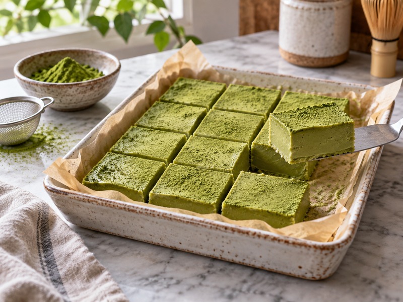 Creamy matcha fudge squares in a ceramic tray