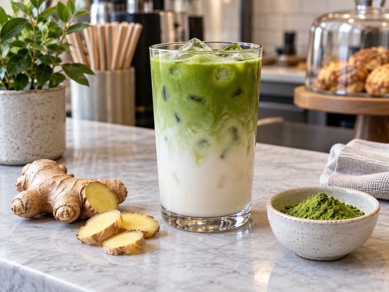 Matcha ginger drink and fresh ginger at a cafe test station